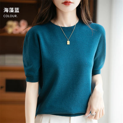 Autumn Women 100% Merino Wool Sweater O-Neck Cashmere Pullover Basic Fashion Short Sleeve Clothing Comfort Top Casual Solid