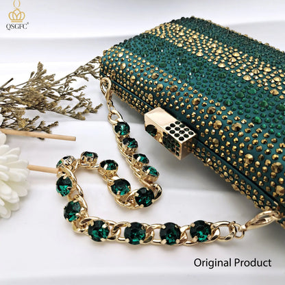 2026 Nigerian Women Heel Ladies Italian Luxury Design Green Shoes And Bag Set Decorated with Rhinestone Handbag Wedding Party