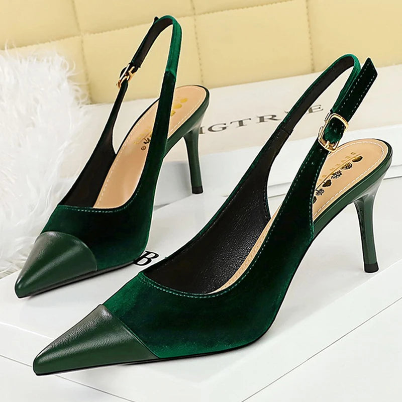 BIGTREE Shoes Suede Women Pumps Splicing Pointed Tip High Heels Hollow Out Hook Strap Heeled Sandals Women Summer Shoes Size 43