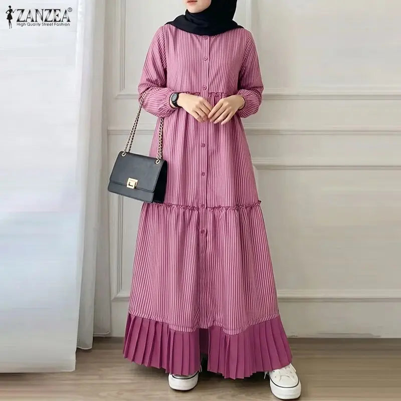 2026 ZANZEA Casual O Neck Long Sleeve Striped Patchwork Dresses Women Muslim Dress Abaya Robe Femme Dubai Hijab Sundress Kaftan