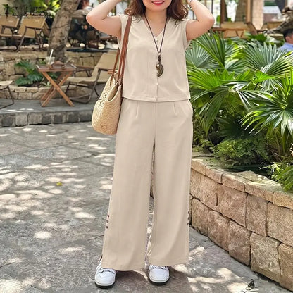 ZANZEA Womens Pant Sets Side Slit Wide Leg Pants & Ruffles Trim Sleeveless Tops 2 Piece Suits Summer Casual Bohemian Outfits