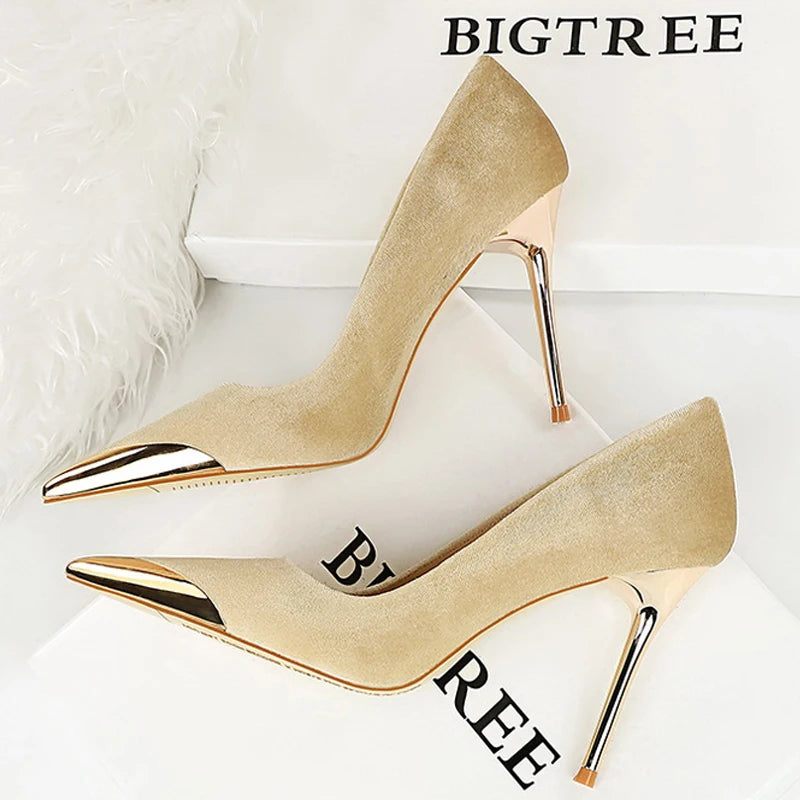 BIGTREE Shoes Luxury Women's Pumps Metal Pointed High Heels Fashion Stilettos Banquet Shoes Ladies Pumps Sexy Party Shoes Suede