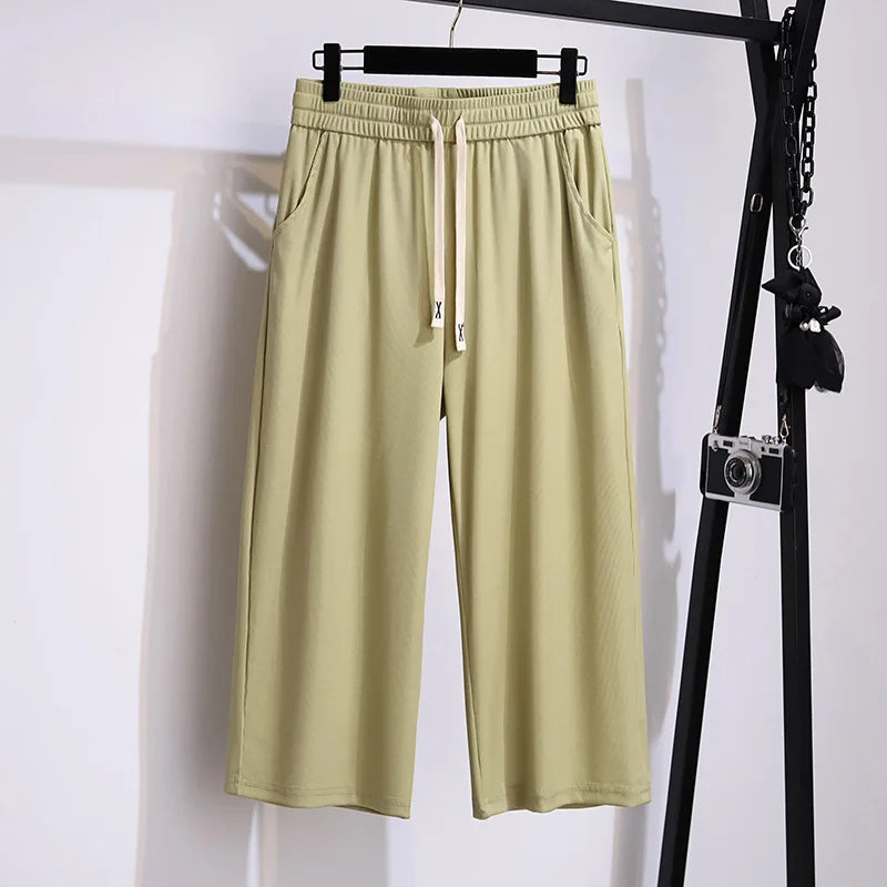 155Kg Plus Size Women's Summer Loose Straight High-Waisted Ice Silk Cropped Pants Hip 150 5XL 6XL 7XL 8XL 9XL 4Colors