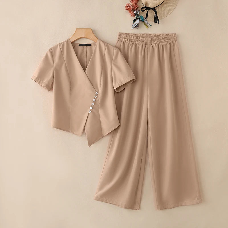 2026 Summer Pant Sets ZANZEA Fashion Women 2 Pieces Sets Short Sleeve Blouse Wide Leg Trousers Solid OL Work Outfits Tracksuit