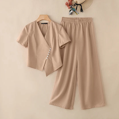 2026 Summer Pant Sets ZANZEA Fashion Women 2 Pieces Sets Short Sleeve Blouse Wide Leg Trousers Solid OL Work Outfits Tracksuit
