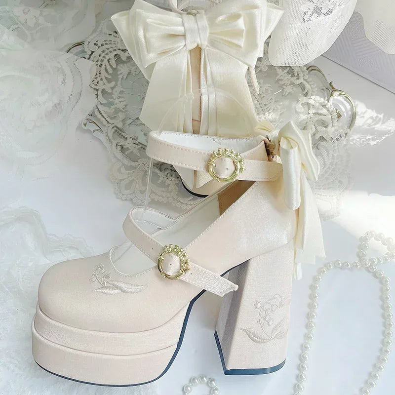 Elegant Satin Waterproof Lolita Mary Jane Shoes Women's Sweet Cute Girls Bow Paltform High Heel Ladies Pumps Platform Heels