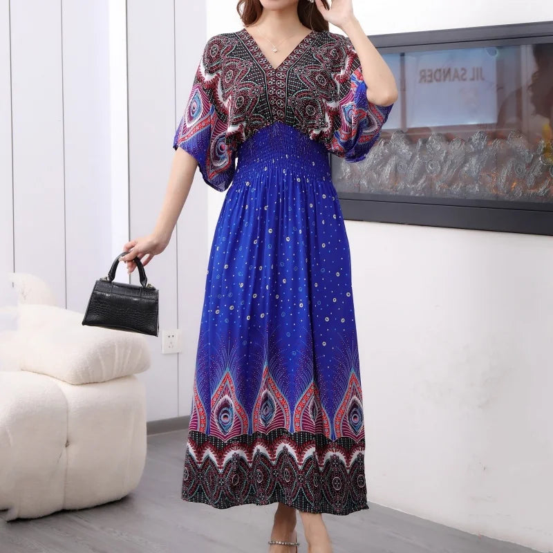 Casual Elegant Retro Bohemian National Style V-neck Elastic  Waist Large Swing Printed Summer Long Skirt Woman Dress Clothes