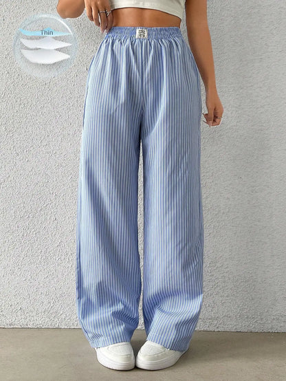 2026 Women's Casual Striped Woven Wide Leg Pants Fall Winter Casual Stylish Full Length Trousers Y2K Clothes Streetwear