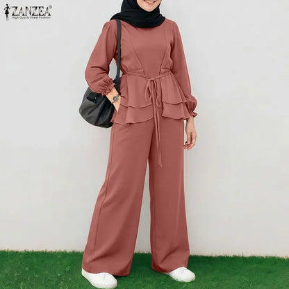 ZANZEA Women Muslim 2 Piece Sets Summer O Neck Long Sleeve Ruffled Hem Blouse Wid Leg Pants Sets Ramadan Outfits Hijab Tracksuit