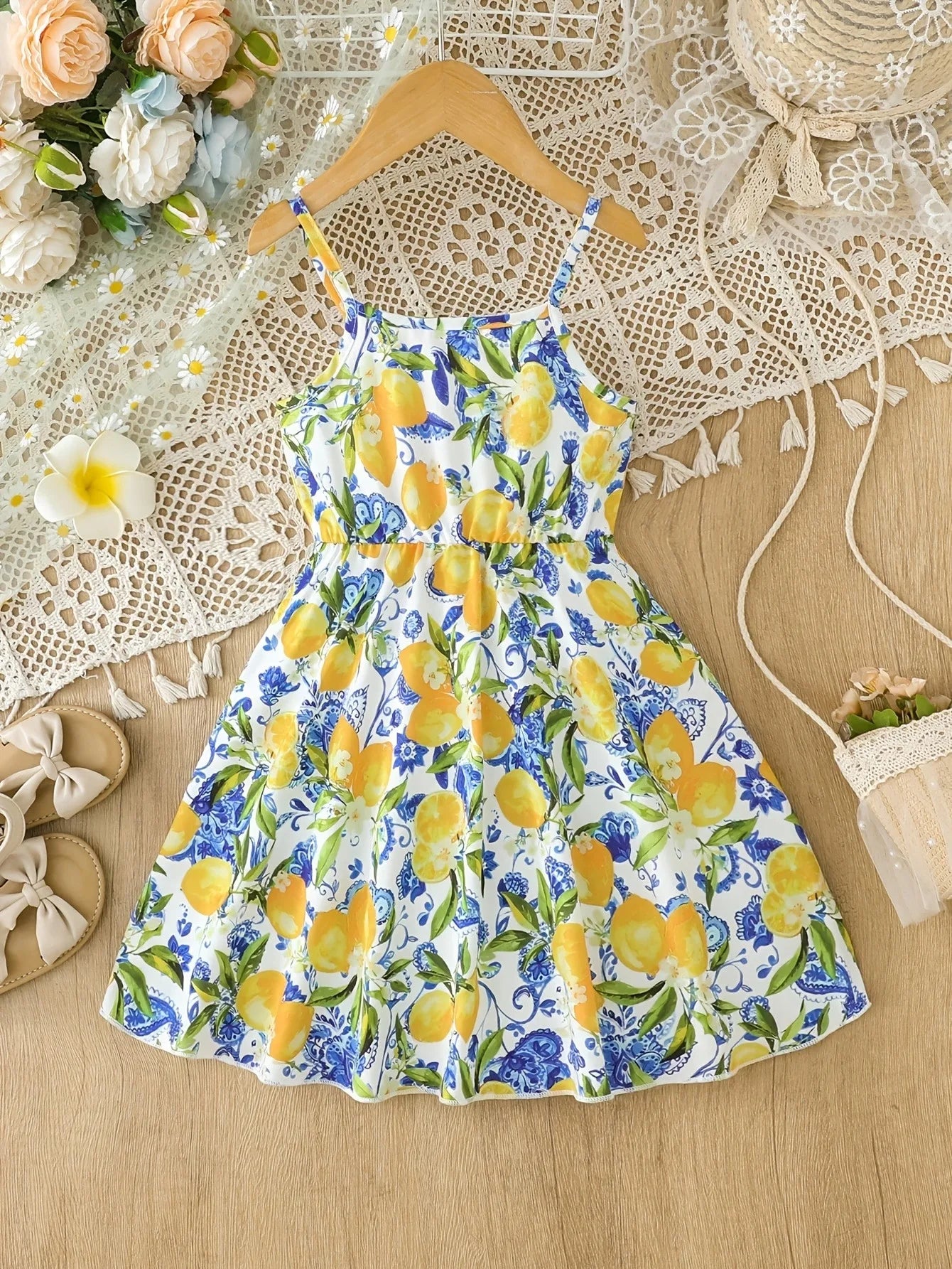 Girls 1-Piece Vacation Sundress, Lemon Blue Floral Print Spaghetti Strap A-Line Casual Summer Dress