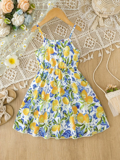 Girls 1-Piece Vacation Sundress, Lemon Blue Floral Print Spaghetti Strap A-Line Casual Summer Dress