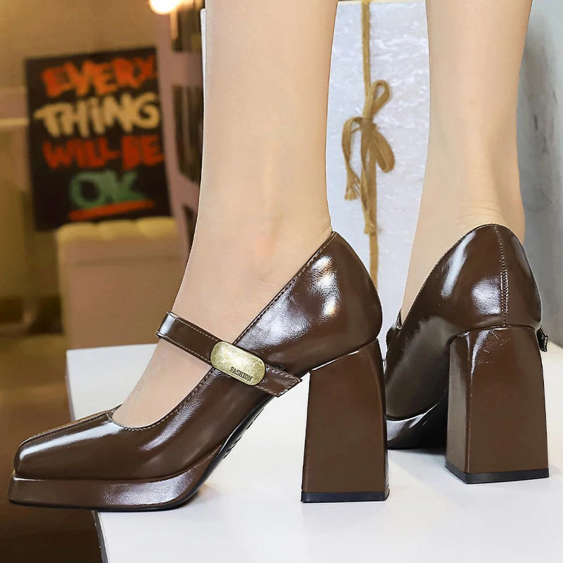 BIGTREE Shoes Retro Chunky Women Pumps Block Heel Women Shoes Metal Buckle Pumps Shoes Platform High Heels 9 Cm Female Shoes
