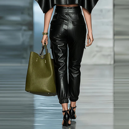 Summer Casual Streetwear Sweatpants Retro Solid Color Slip PU Leather Pants for Women New Spring High Waist Belted Slim Trousers