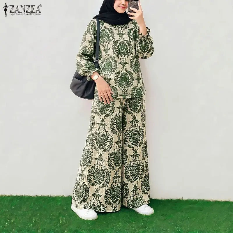 ZANZEA Women Muslim Outfits Bohemian Long Sleeve Blouse Elastic Waist Pant Sets Casual Printed Matching Sets Floral Tracksuit