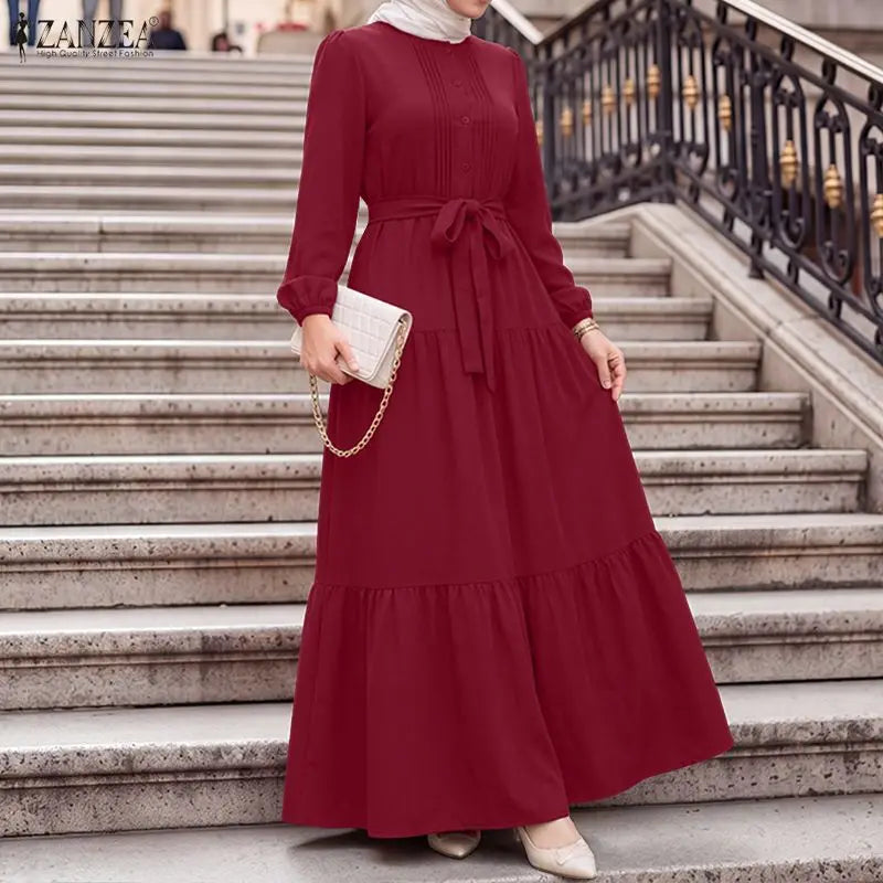ZANZEA Women Autumn O Neck Long Sleeve Pleated Sundress Elegant Muslim Abaya Dress Maxi Robe Casual Kaftan Stylish Party Dress