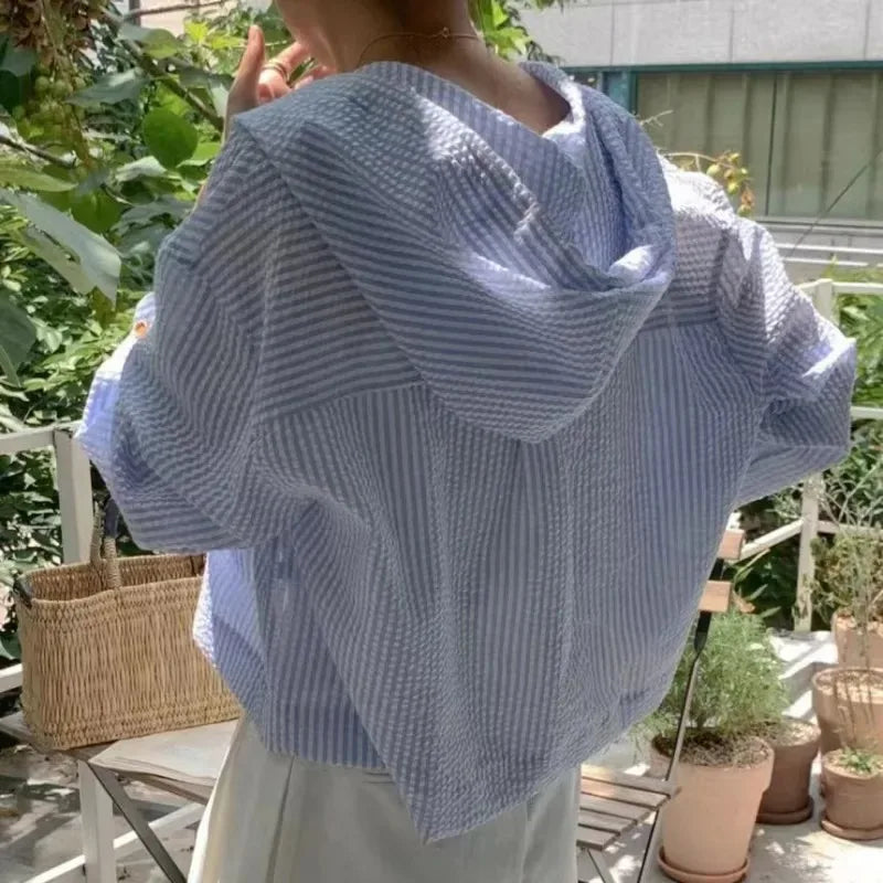 Korean Chic Breathable Stripe Contrast Color Hooded Shirt for Women Loose Long Sleeve Sunscreen Short Fit Single Match All Seaso