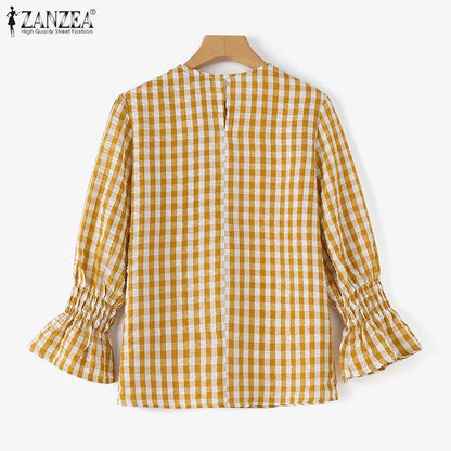 ZANZEA Women's Stylish Gingham Blouses Casual O-Neck Long Sleeve Shirred Cuffs Loose Tops Everyday Wear Going-Out Blusas Mujer 7