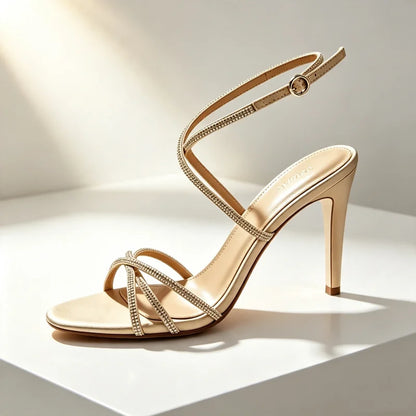 Luxury Crystal Detail Ankle Strap Buckle Heeled Sandals Women Elegant Women Shoes Adjustable Buckle Designer Sandalias De Mujer