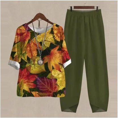 Summer Casual Two Piece Sets Women Loose Short Sleeve T-Shirt High Waist Pants Print Outfits Ladies Elegant Vintage top Pantsuit