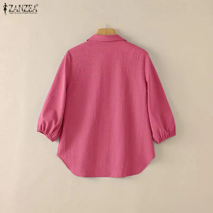 ZANZEA Women Crinkled Fabric Loose Blouses Turn-Down Collar Half-Buttons 3/4 Puff Sleeve Solid Blusas Mujer Daily Casual Tops