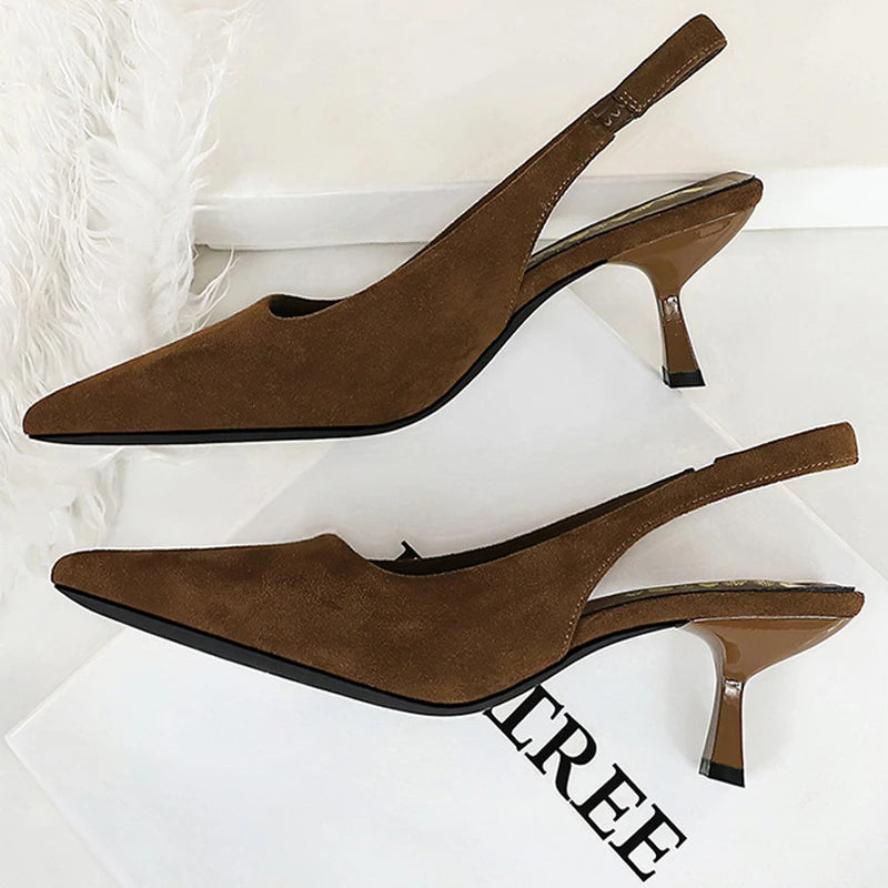 BIGTREE Shoes Kitten Heels 6 CM Suede Women Pumps Pointed Hollow Out High Heels Summer Women Heeled Sandals Comfort Ladies Shoes
