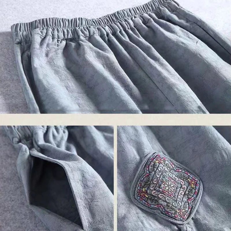 High Waist Straight Leg Cotton Linen Patchwork Embroidered Wide Leg Pants Spring Summer Casual High Waist Long Trousers
