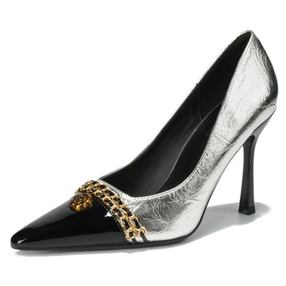 BIGTREE Shoes Women Pumps Metal Chain Design High Heels Color Blocking Ladies Shoes Luxury Banquet Shoes Stiletto Heels 10 CM