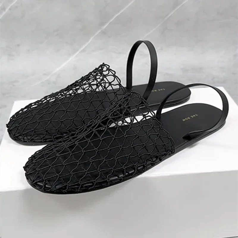 Novelty Mesh Flat Sandals Women Designer Weaving Hollow Breathable Mules Slippers Summer Light Comfort Slingbacks Slide Sandals