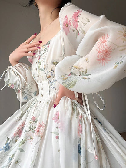 French Elegant Floral Midi Dress Chiffon Long Sleeve Evening Party Dress Woman Beach Fairy One Piece Dress Korean 2026 Summer