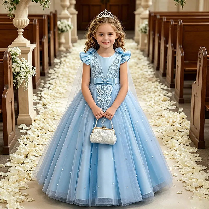 New Lace Bow Shawl Flower Girl Dress with Little Flutter Sleeves for Girls