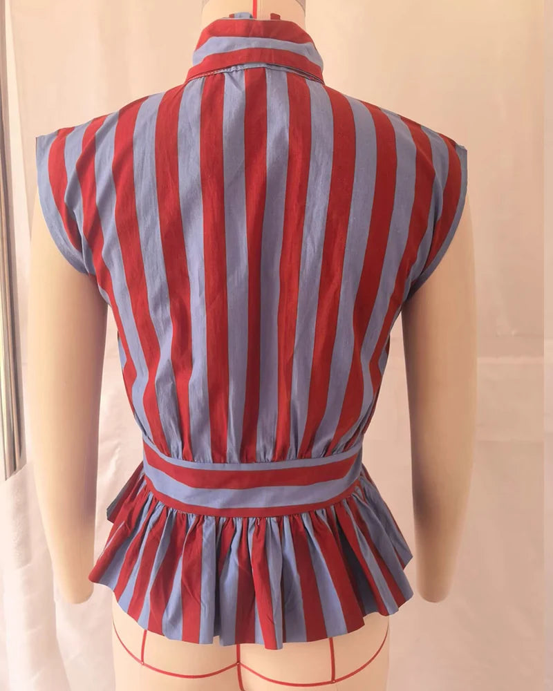 Women's Shirt 2026 New Spring Summer Bowknot Sleeveless Slim Striped Shirt for Women Casual Chic Personality Female Shirt