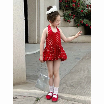 2026 summer kid baby party princess Girls halter Teenager backless vest polka dot slip dress tutu Bubble skirt 2 3 4 6 7 8 Years