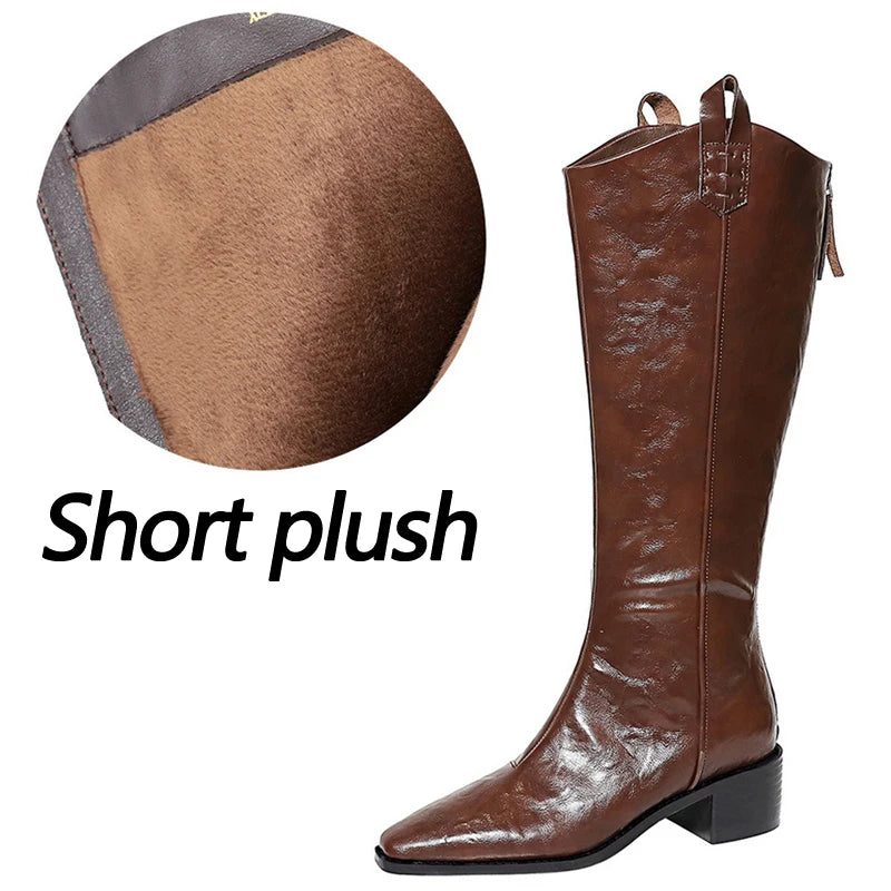 BIGTREE Spring Autumn Pointed Toe Knee-High Boots Women Designer Vintage Square Low Heels Shoes Modern Long Botas Para Mujer