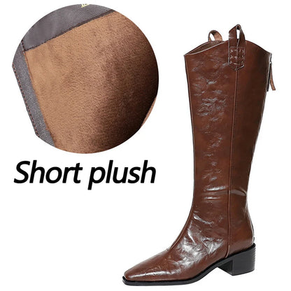 BIGTREE Spring Autumn Pointed Toe Knee-High Boots Women Designer Vintage Square Low Heels Shoes Modern Long Botas Para Mujer