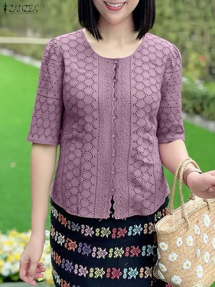 ZANZEA Elegant Openwork Embroidered Shirts Women Fashion O-Neck Half Sleeve Wavecut Placket Solid Color Blouses Hollow Out Tops