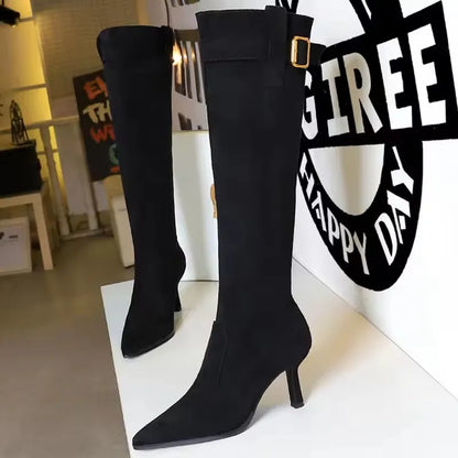 BIGTREE Shoes 2026 New Women Knee-high Boots Wrinkled High-heeled Long Boots Pointed Belt Buckle Autumn Winter Boots Stilettos