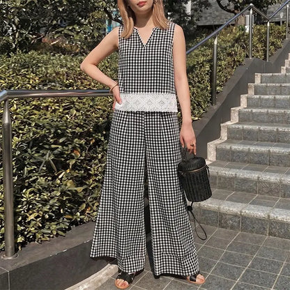 Summer 2PCS Outfits Stylish Women Plaid 2 Pieces Sets ZANZEA V Neck Sleeveless Tanks Tops Wide Leg Pant Sets Elegant Tracksuit