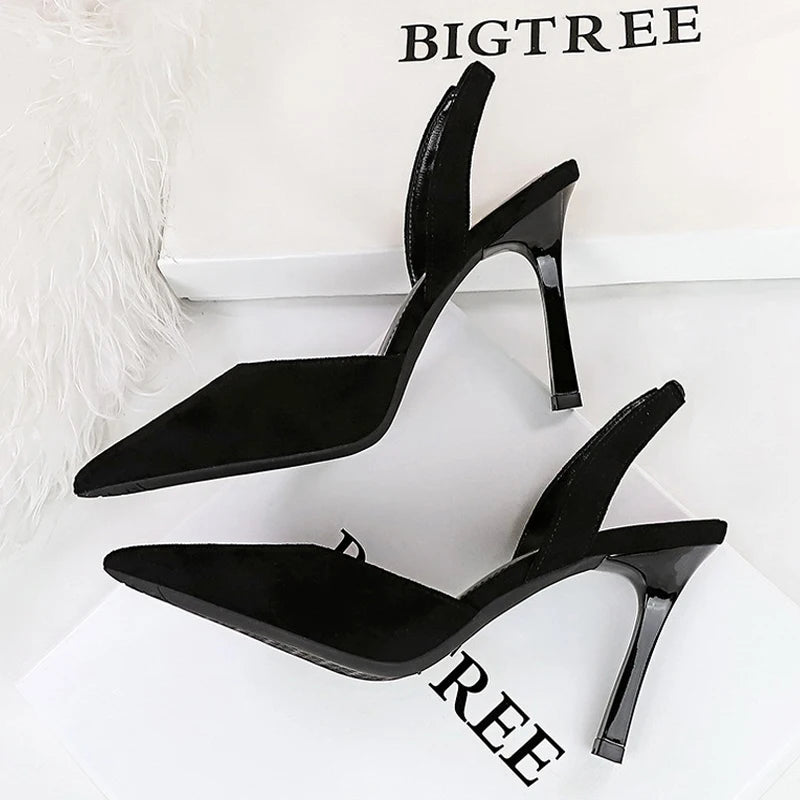 BIGTREE Shoes Women Sandals Stiletto Heels 9 cm Suede High Heels Women Summer Shoes Hollow Out Back Strap Sandals Party Shoes