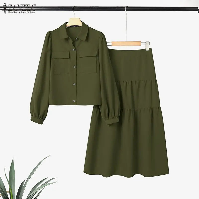 ZANZEA Casual Women's 2 Piece Skirt Sets Long Sleeve Shirts and Elastic Waist Midi Skirts Suits 2pcs Elegant Woman Outfits