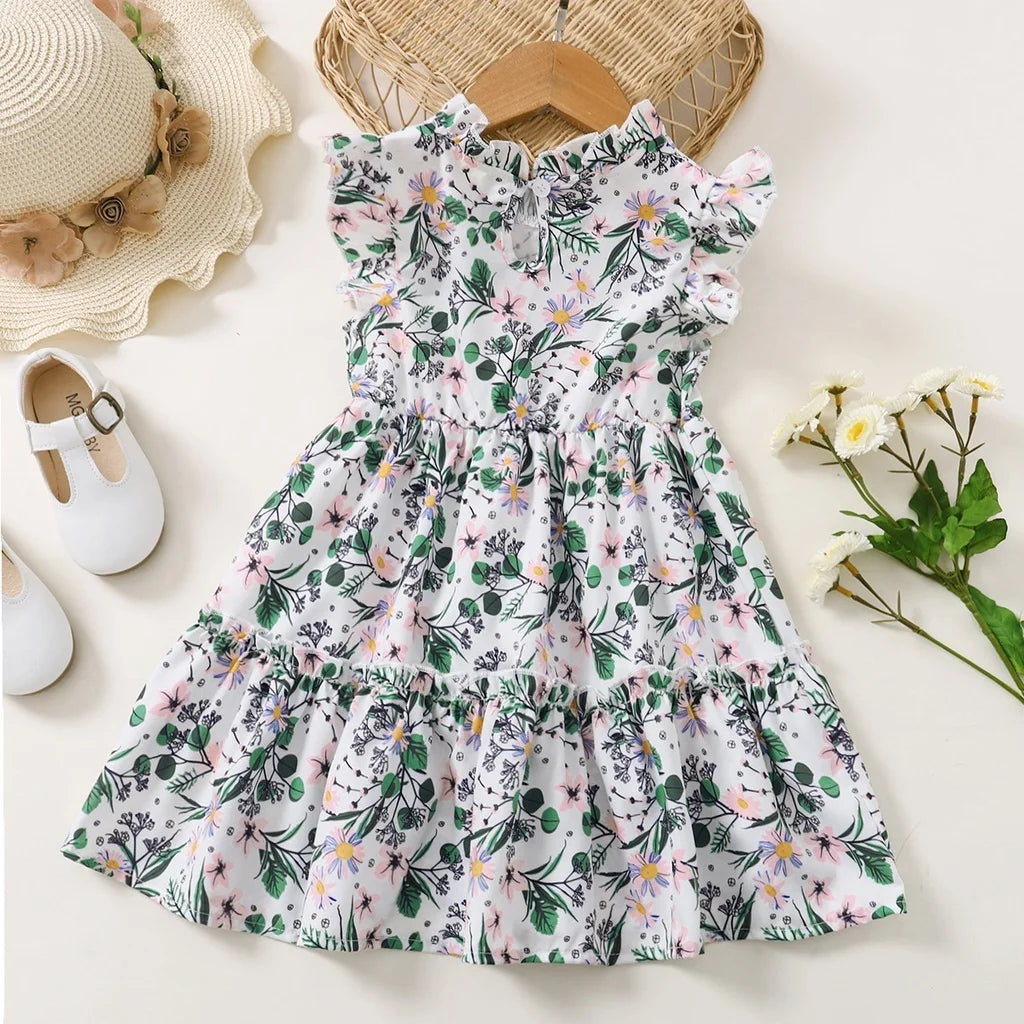 1-6 Years Kids Baby Girl Daily Dress Flowers Print Sleeveless Retro Style Lovely A- Line Summer Children Holiday Party Dresses