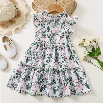 1-6 Years Kids Baby Girl Daily Dress Flowers Print Sleeveless Retro Style Lovely A- Line Summer Children Holiday Party Dresses