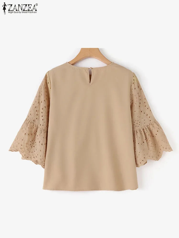 ZANZEA 3/4 Ruffle Sleeve Loose Blusa Women Hollow Out Lace Patchwork Solid Color Tops Everyday 2024 Summer Casual Elegant Blouse