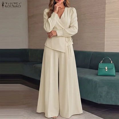 ZANZEA Women Elegant 2 Piece Matching Sets Long Sleeve Wrapped Blouses & Wide Leg Pants 2pcs Suits Casual OL Commute Outfits