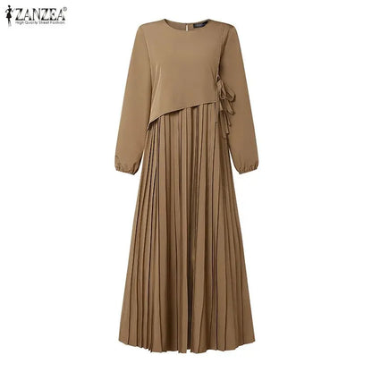ZANZEA Elegant Muslim Abaya Dress Women O Neck Long Sleeve Pleated Sundress Solid Color Loose Maxi Long Dress Eid Ramadan Robe