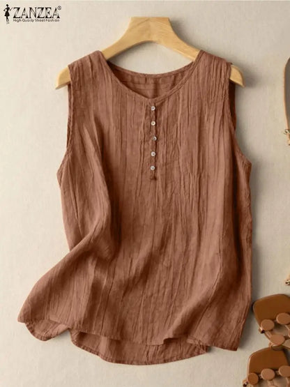ZANZEA Summer Tank Tops Woman Fashion Sleeveless Blouse O-Neck Solid Color Button Shirt Female Casual Holiday Blusas Mujer 2023