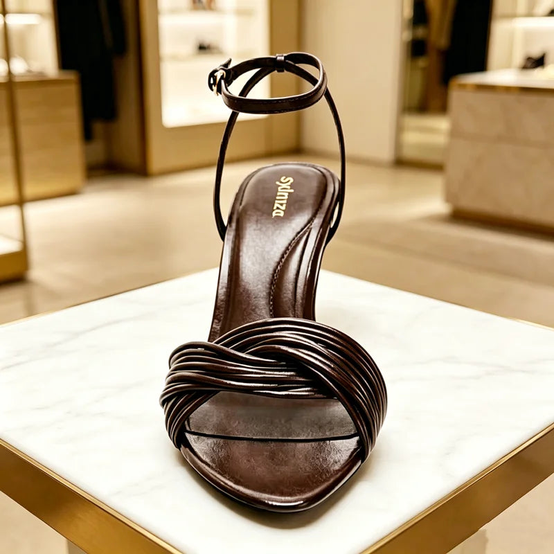 Brown Ankle Strap Metal Buckle Heeled Sandals Women Cross Front Strap Design High Heels for Ladies Summer Elegant Women Shoes