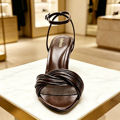 Brown Ankle Strap Metal Buckle Heeled Sandals Women Cross Front Strap Design High Heels for Ladies Summer Elegant Women Shoes