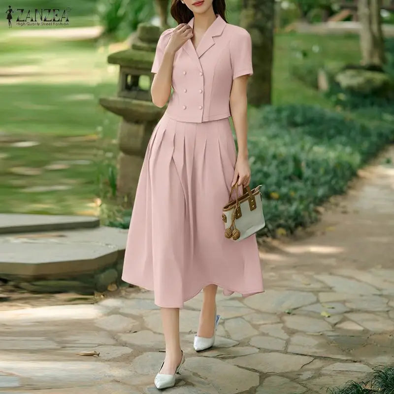2026 ZANZEA Summer Office OL Outfits Elegant Women Dress Sets Lapel Neck Short Sleeve Shirt Pleated Midi Skirt Suit 2 Piece Sets