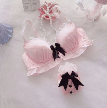 Lolita Bra Set Sweet Bow Gathering Collecting Lateral Breasts Comfortable Non-steel Ring Anti-Sagging Color Blocking Bra Set