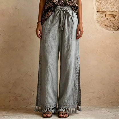Women Solid Side Split Wide Leg Pants Elastic Drawstring Pockets Lace Tassel Loose Pants New Boho Summer Casual Holiday Trousers